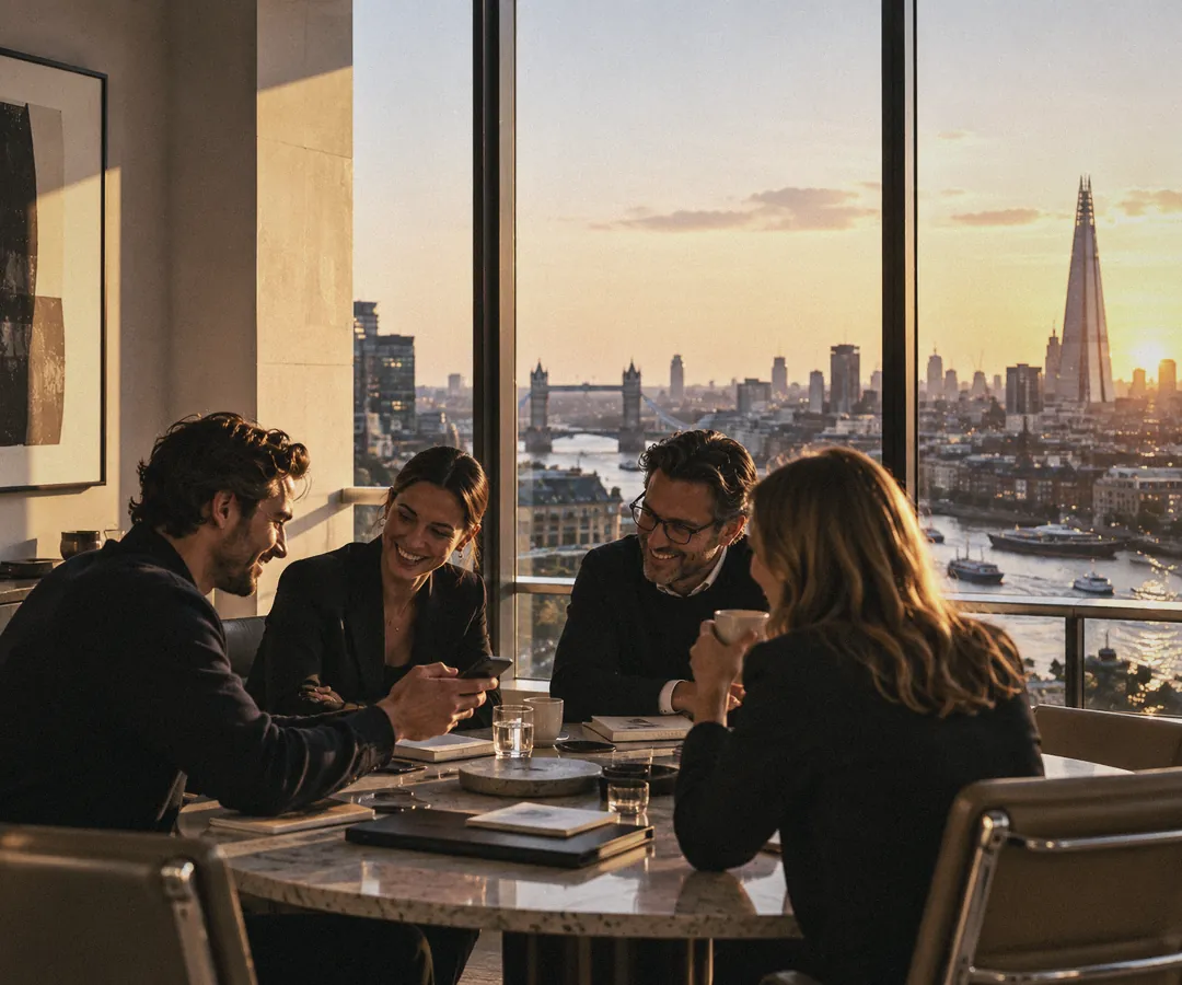 A small team laughing around a table in a London office at sunset, with Tower Bridge and the Shard behind