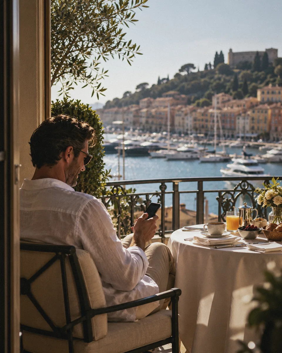 A traveller checking his phone over breakfast on a hotel balcony above a sunlit harbour