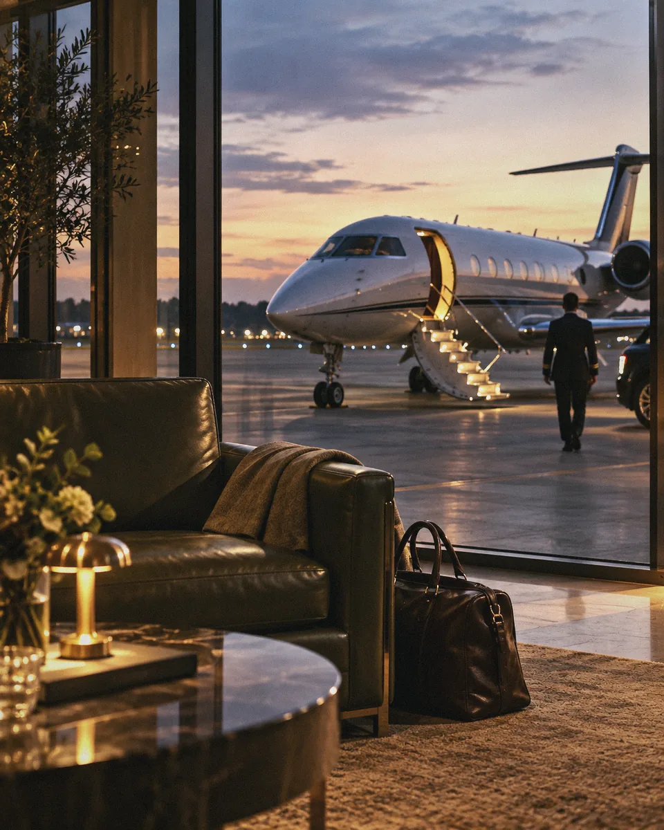A private jet waiting on the apron at dusk, seen from a quiet terminal lounge