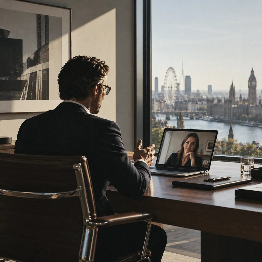 A business owner on a video call with an adviser, in an office overlooking the Thames and Westminster
