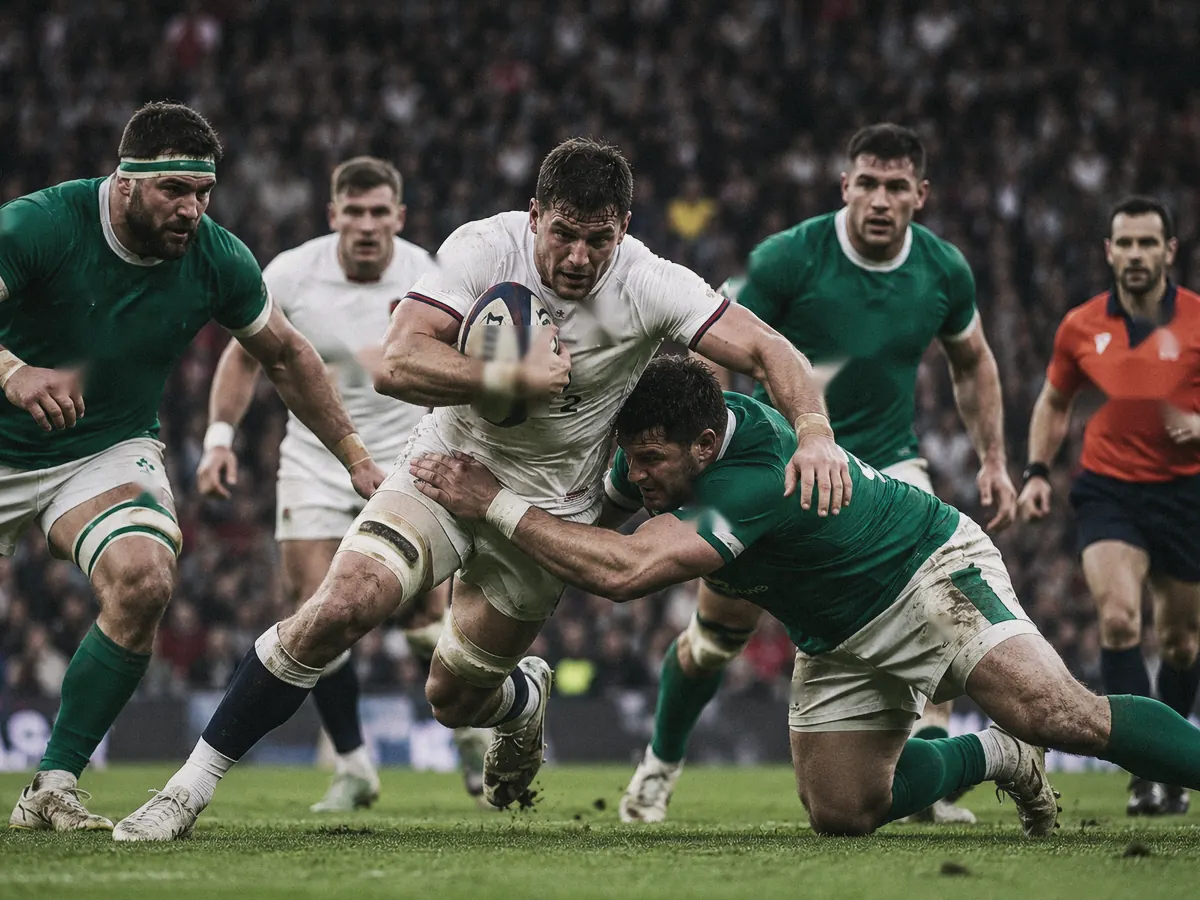Rugby players in a tackle